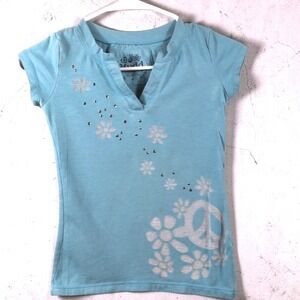 Mudd Women XS/S Short Sleeve Cotton Blend Blue Peace Sign Graphic Tee Layering